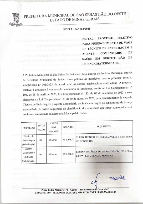 Edital N.º 002/2025 - Edital Processo Seletivo para preenchimento de vaga de Técnico de Enfermagem e Agente Comunitário de Saúde em Substituição de Licença Maternidade