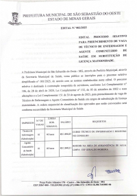 Edital N.º 002/2025 - Edital Processo Seletivo para preenchimento de vaga de Técnico de Enfermagem e Agente Comunitário de Saúde em Substituição de Licença Maternidade
