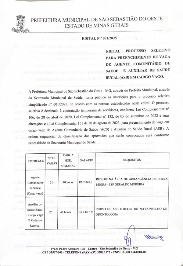 Edital N.º 001/2025 - Edital Processo Seletivo para preenchimento de vaga de Agente Comunitário de Saúde e Auxiliar de Saúde Bucal (ASB) em cargo vago